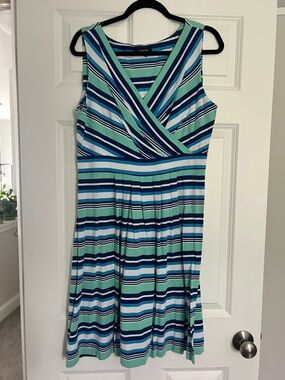 Lands' End Striped Sleeveless V-Neck Dress in Mint, Navy & White